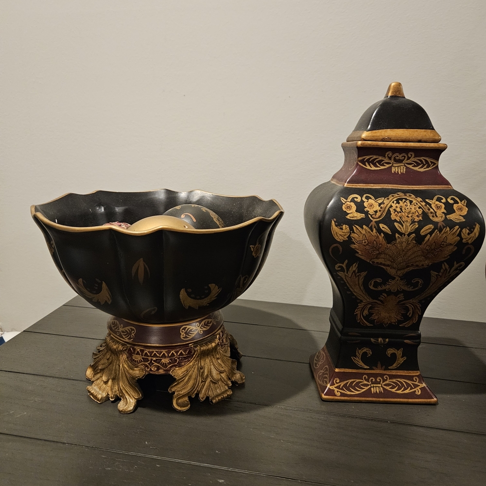 Black and Gold Decorative Vase & Bowl Set - Elegant Home Accent